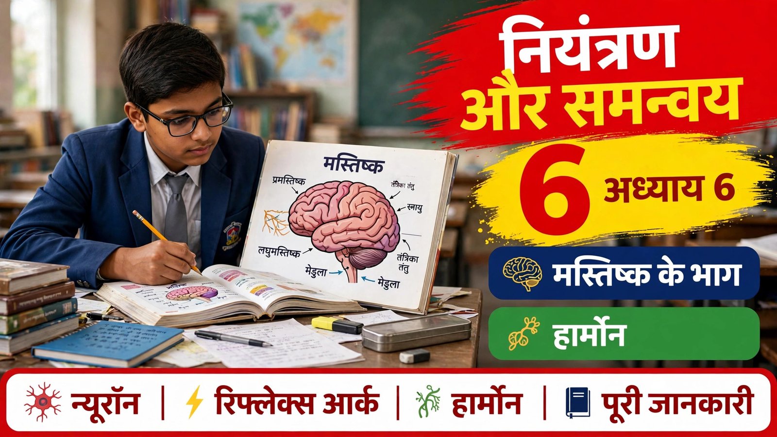 Control and Coordination Class 10 Notes — brain diagram ke saath padhta student, Chapter 6