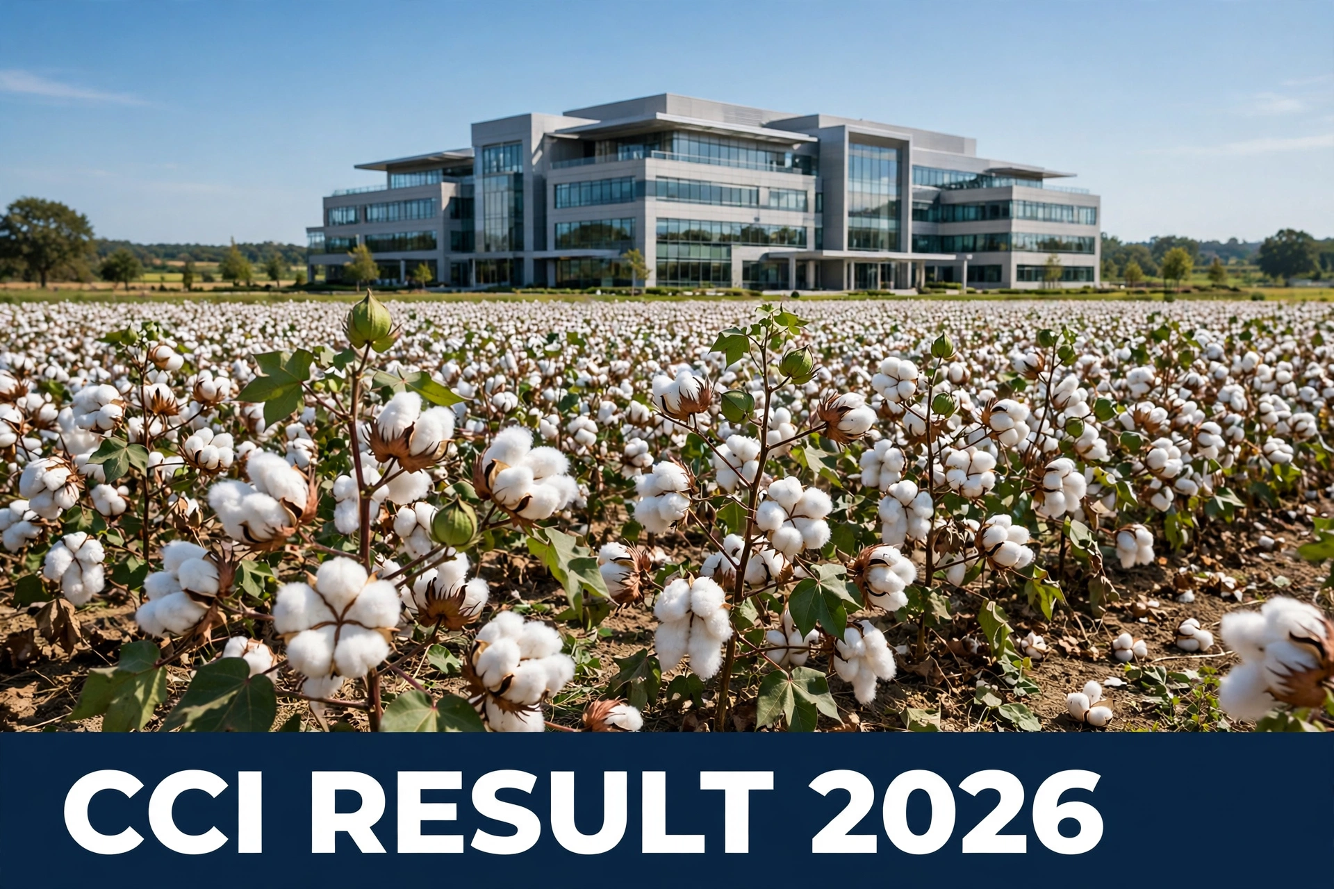 Cotton Corporation of India CCI Result 2026 merit list announcement, cotton bolls and office building