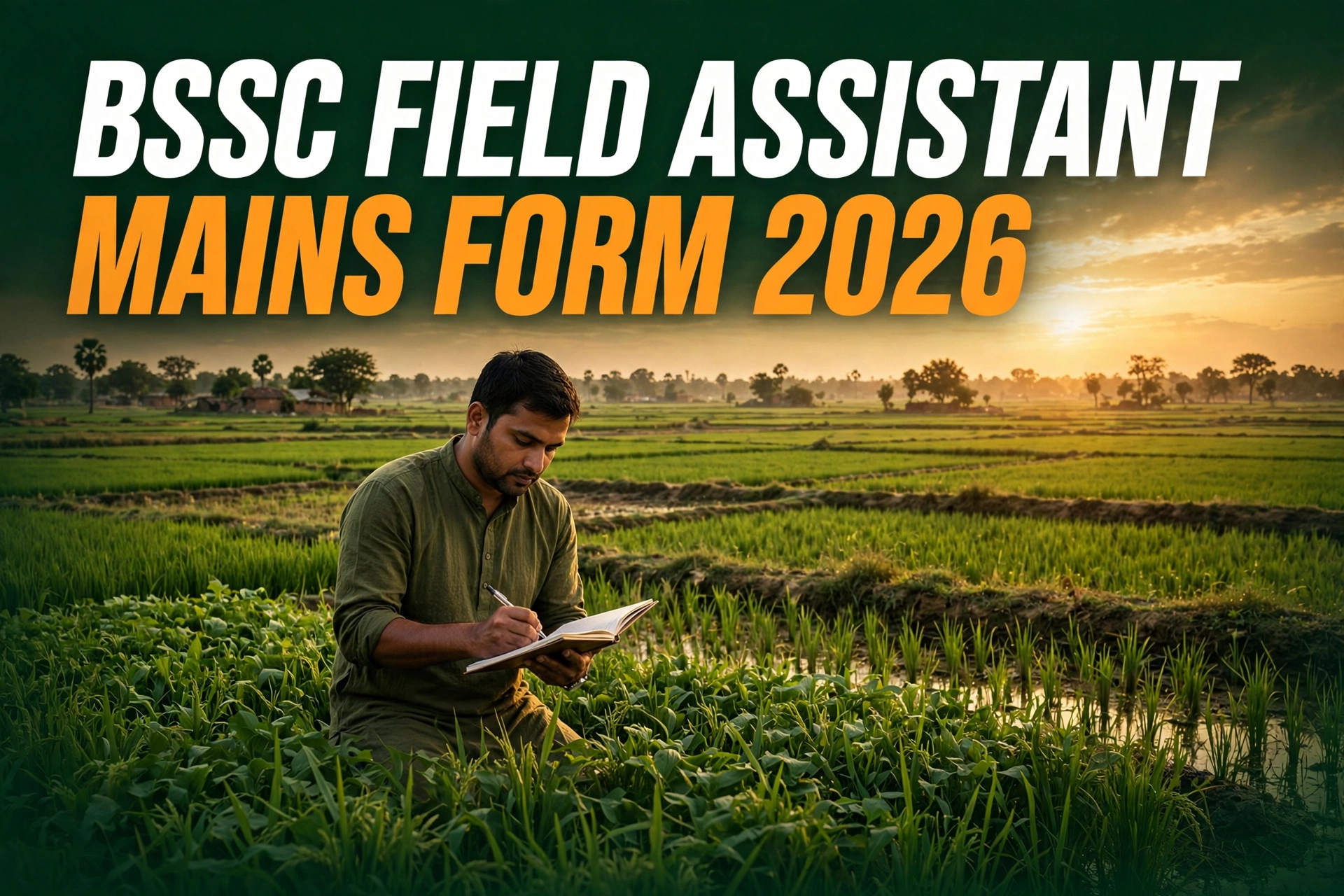 BSSC Field Assistant Mains Form 2026 — field assistant examining crops in a Bihar paddy field at golden hour