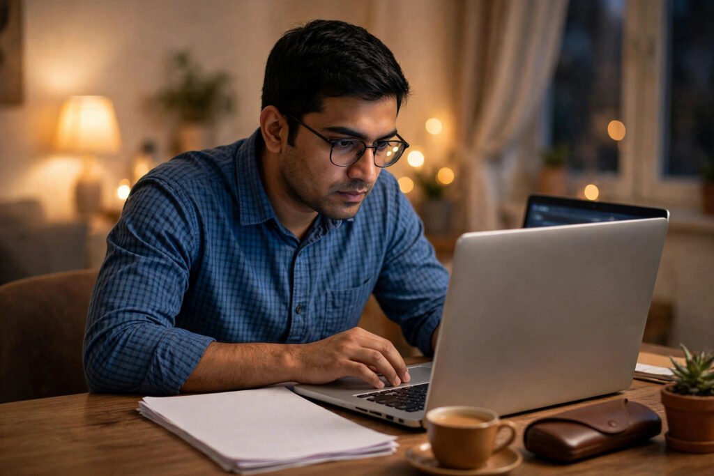 ITR-1 Sahaj form bharne ki eligibility — salary slip ke saath tax filing karta vyakti