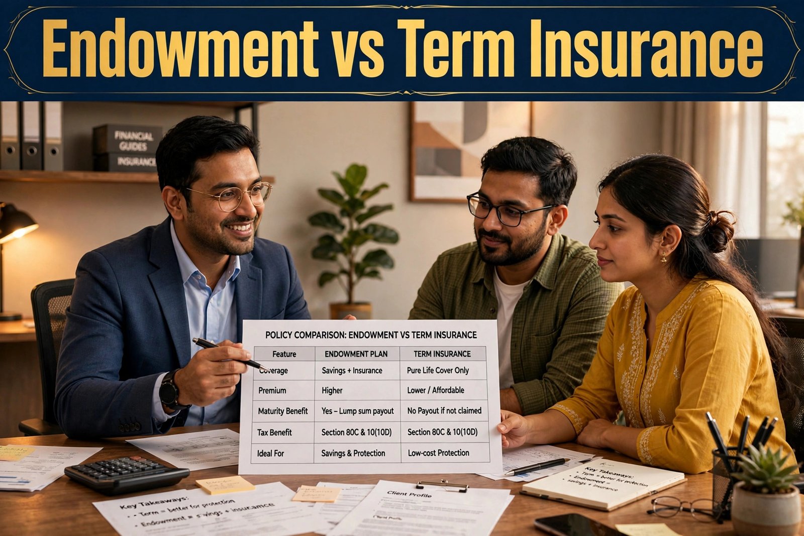 Term insurance concept — suraksha chhatri ke neeche parivaar, saste premium par bada life cover
