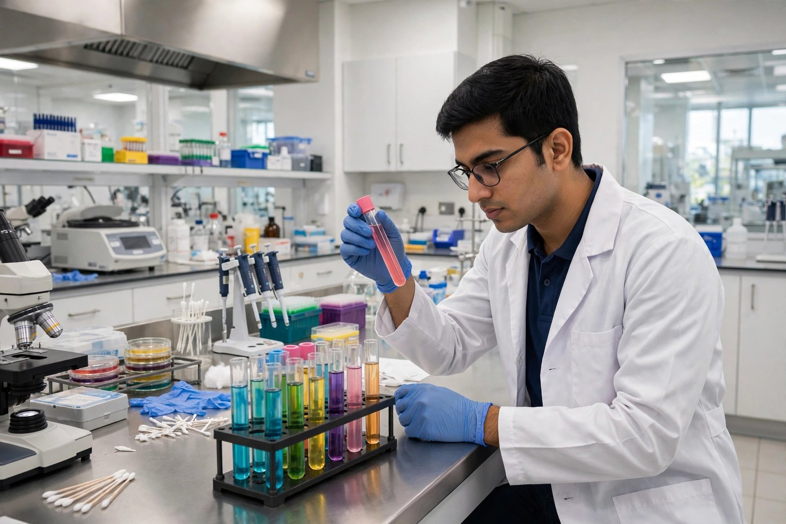 Paramedical lab mein test tubes check karta technician