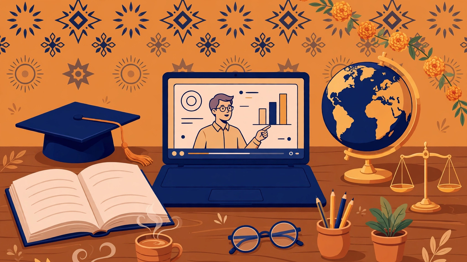 12th Arts Ke Baad Best Courses 2026 — graduation cap, study desk aur career symbols