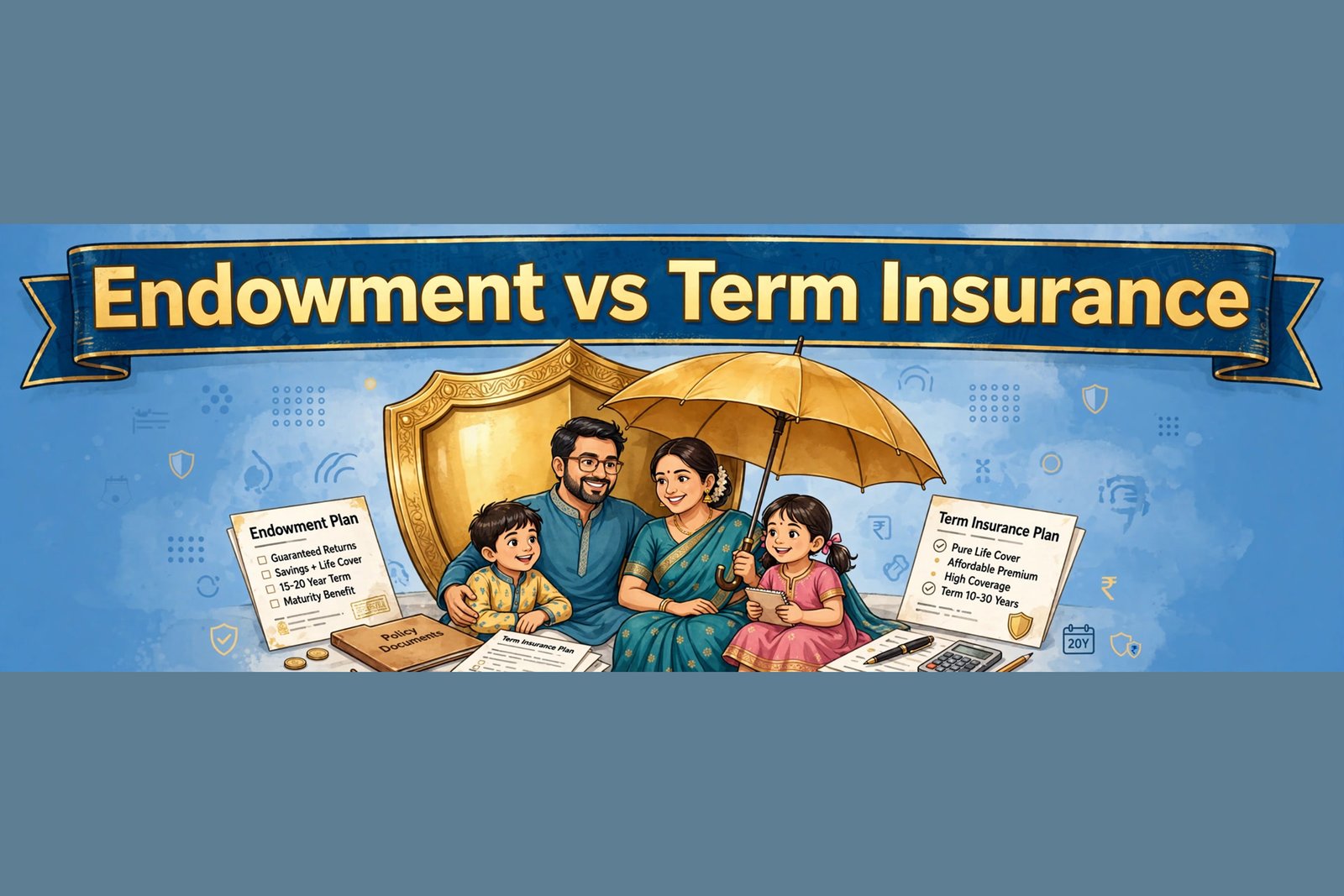 Endowment vs term insurance — insurance policy documents aur calculator ke saath behtar vikalp chunne ka concept