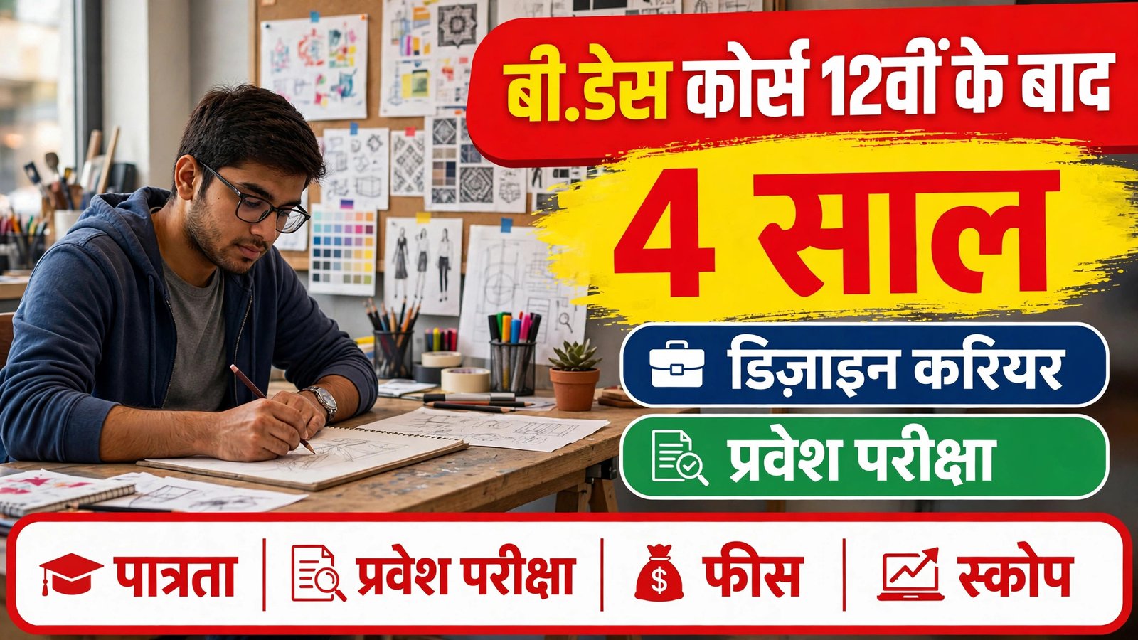 B.Des course after 12th — design studio me sketch banata student, 4 saal ka course