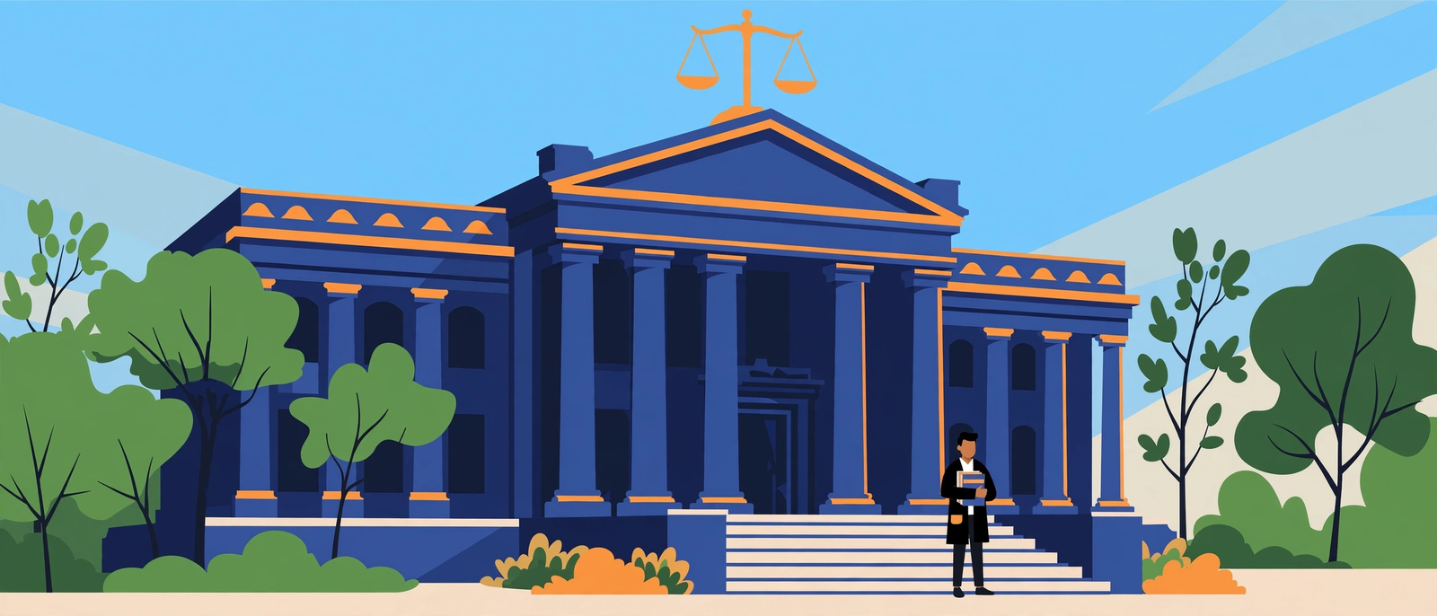 12th Ke Baad Law Course — courtroom aur law books ka illustration