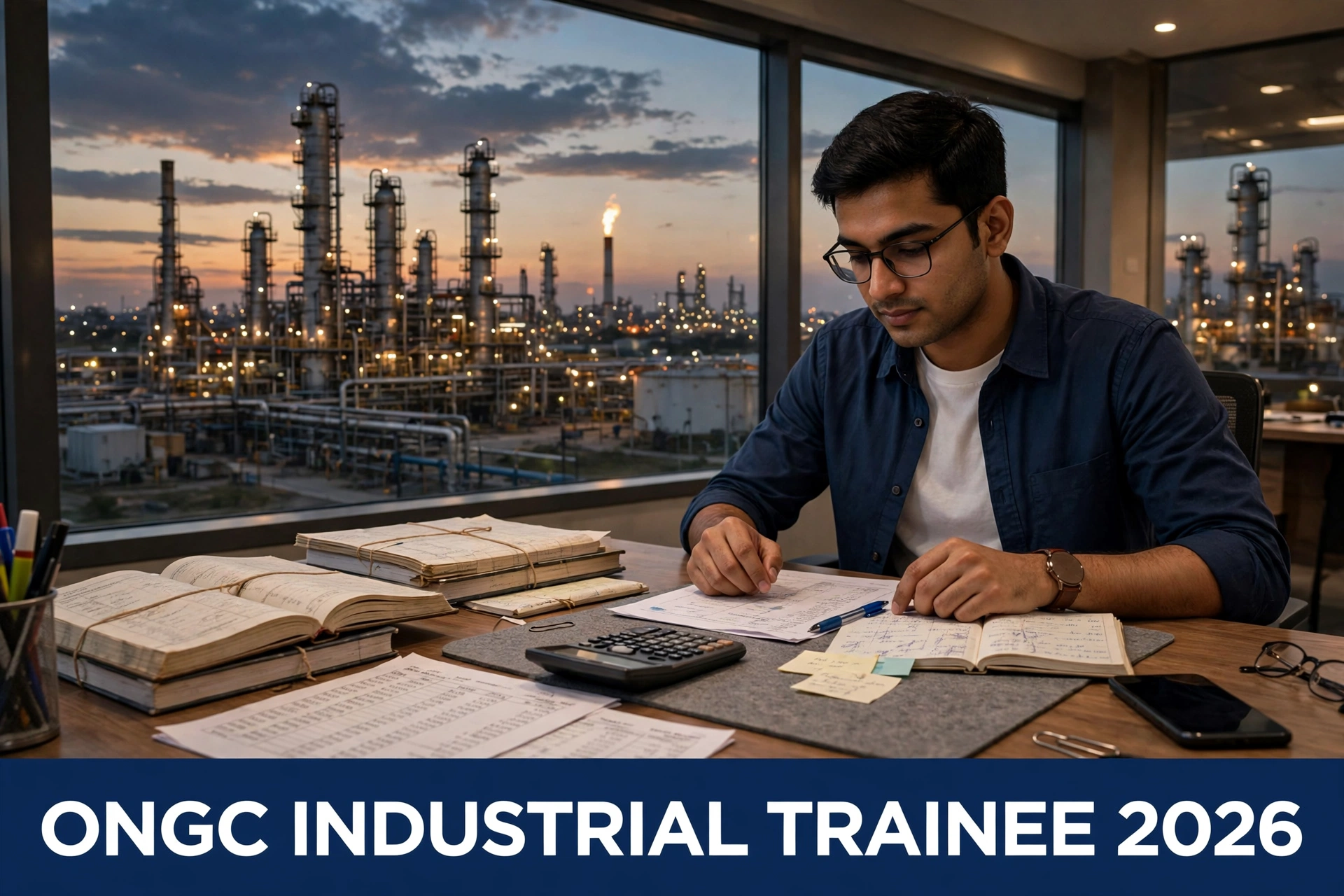 ONGC Industrial Trainee Recruitment 2026 — CA and CMA finance professionals training opportunity, oil rig backdrop