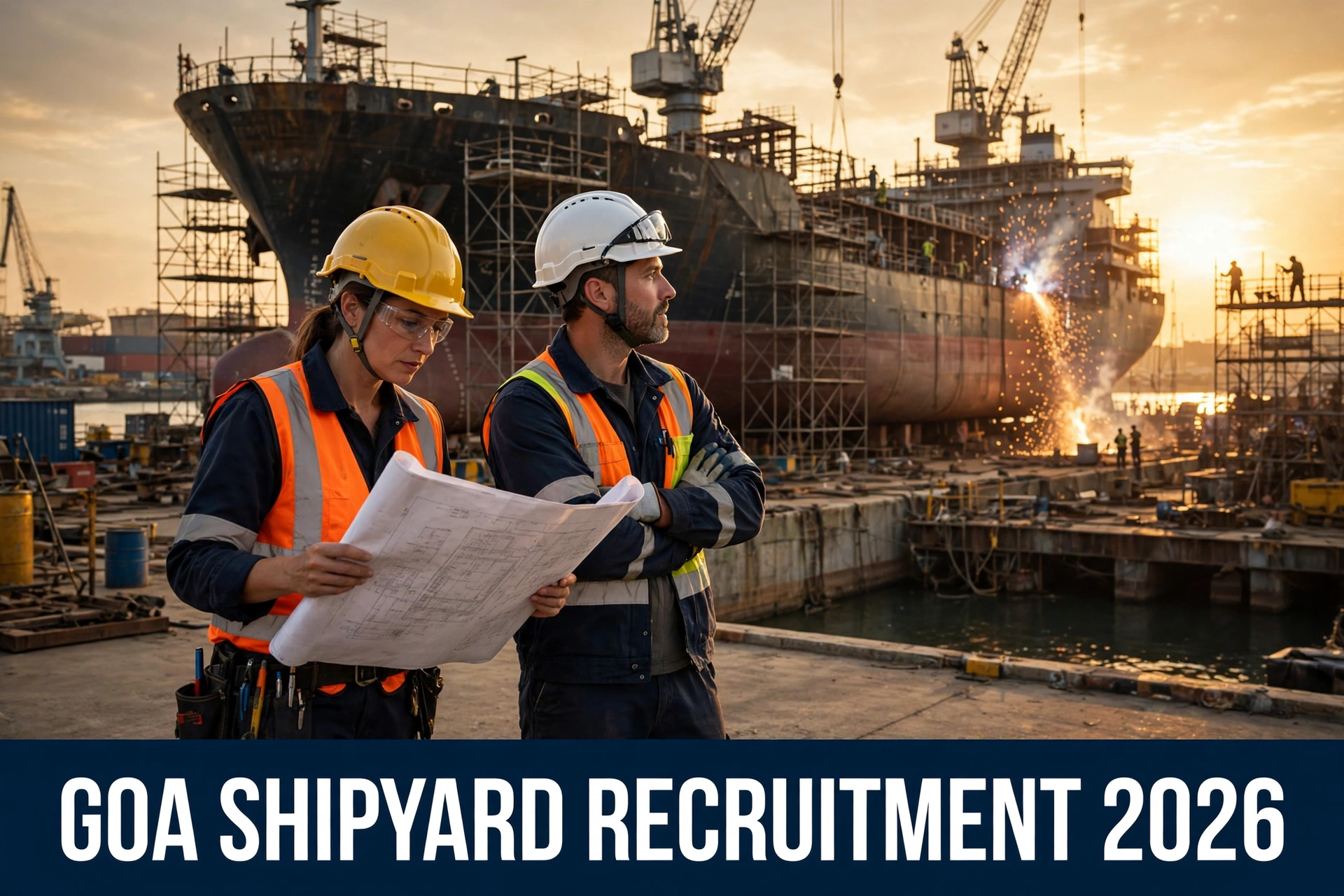 Ship construction at Goa Shipyard dock, engineers at work