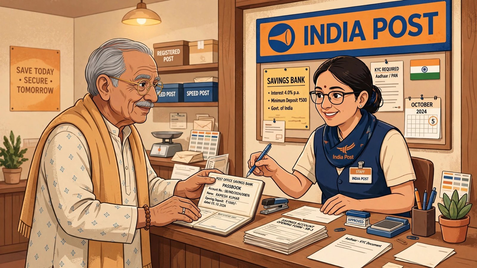 Post office me Senior Citizen Savings Scheme ka khata kholte bujurg ka illustration