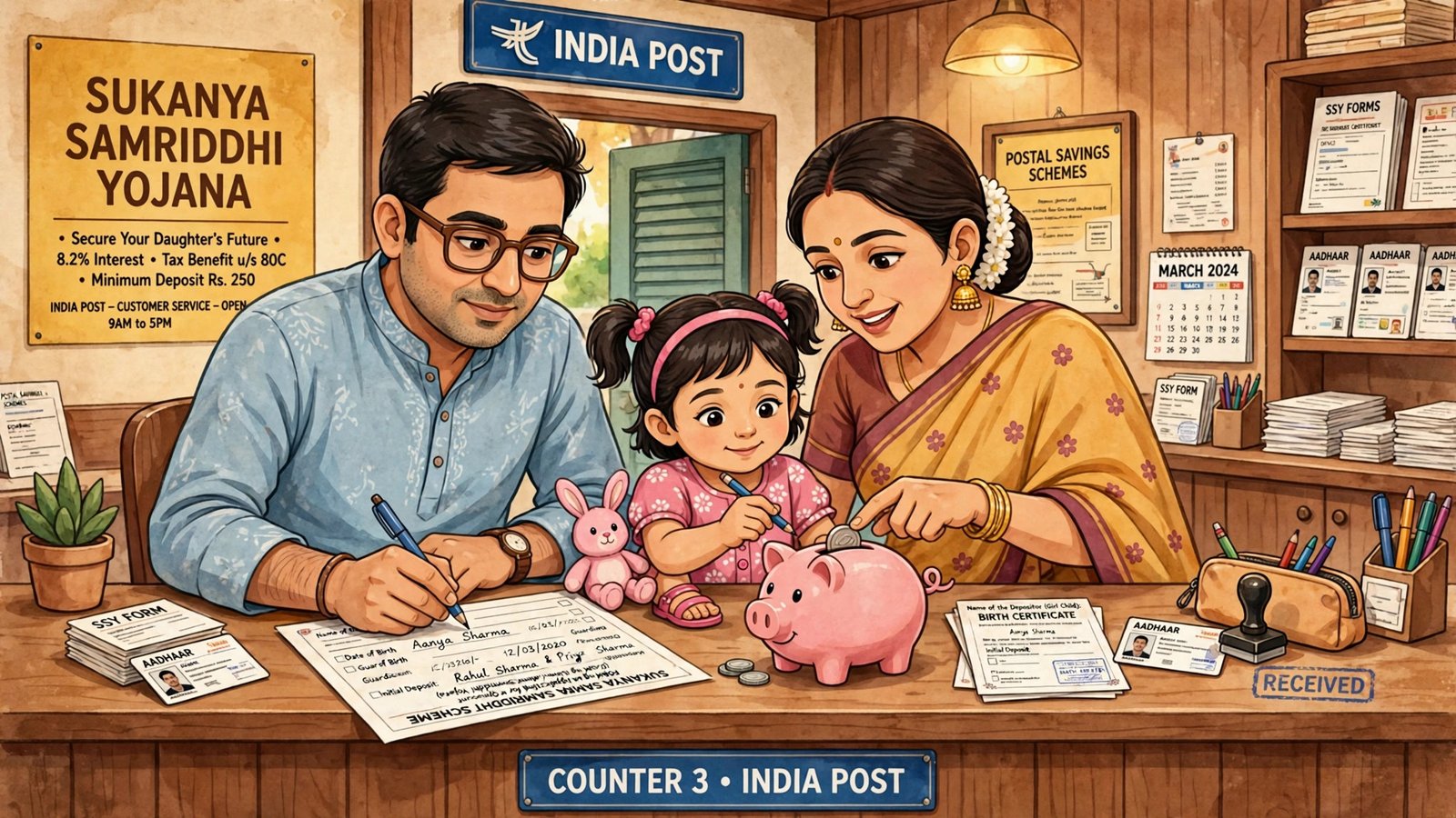 Post office me Sukanya Samriddhi khata kholte hue maa-beti ka illustration