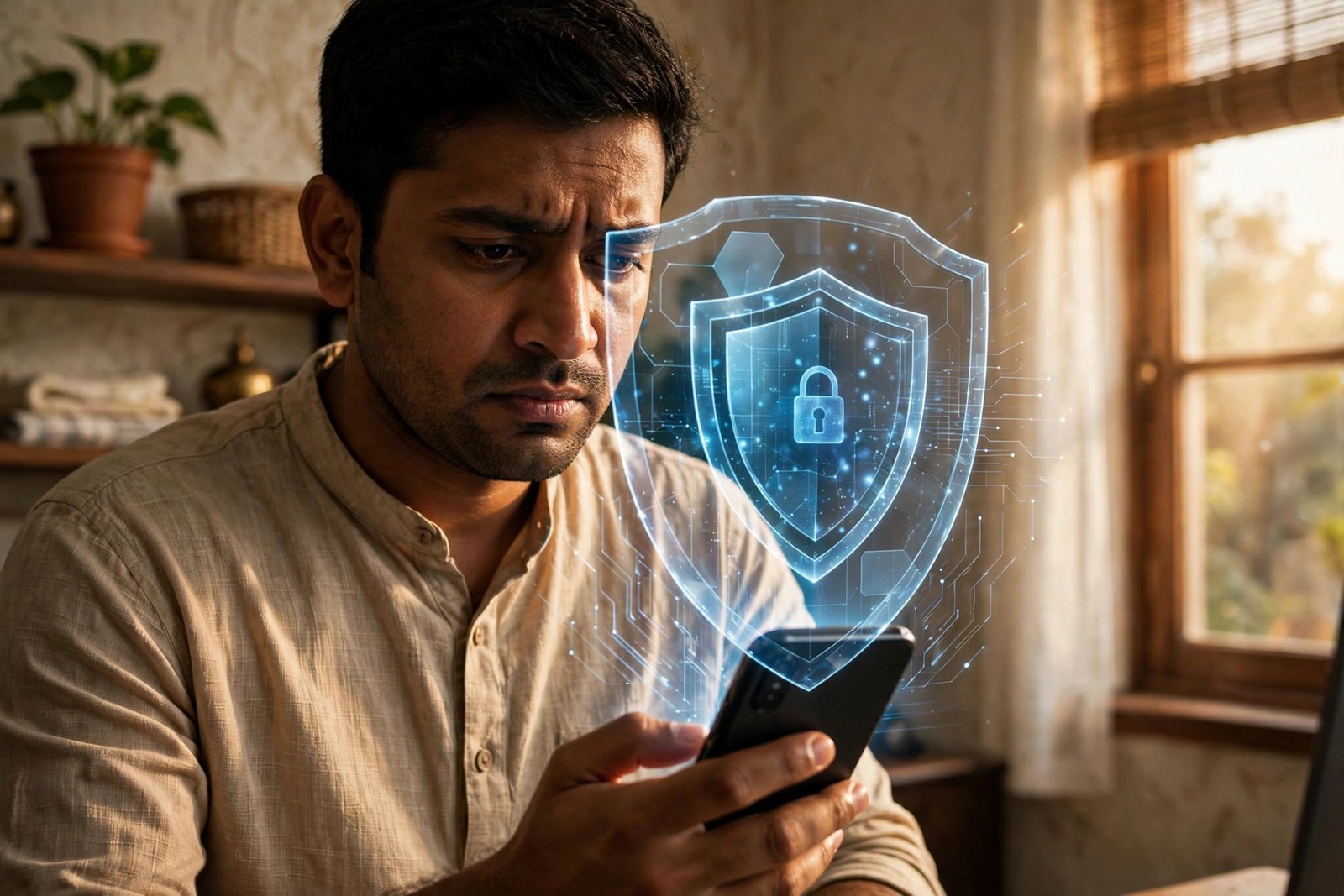upi fraud se kaise bachein — mobile par UPI payment karte samay saavdhaan vyakti